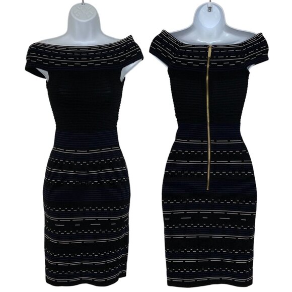 Ted Baker Diraz Off The Shoulder Ribbed Knit Dress 0 US/2 Mini Bodycon Striped - Picture 1 of 12